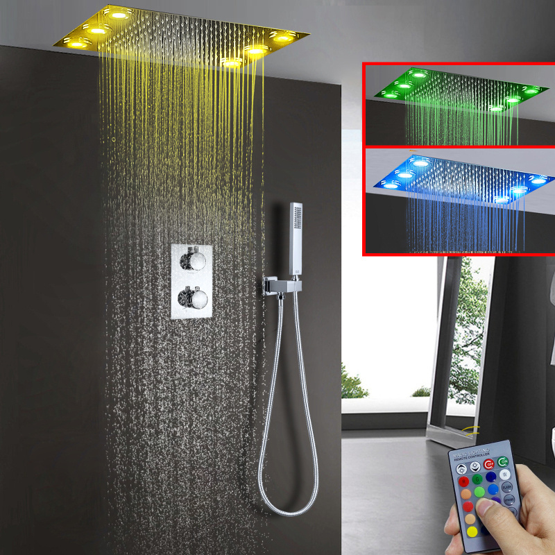 Ceiling 500*360mm LED Shower System Remote Control Multicolor Change LED Shower Head Thermostatic Diverter Valve