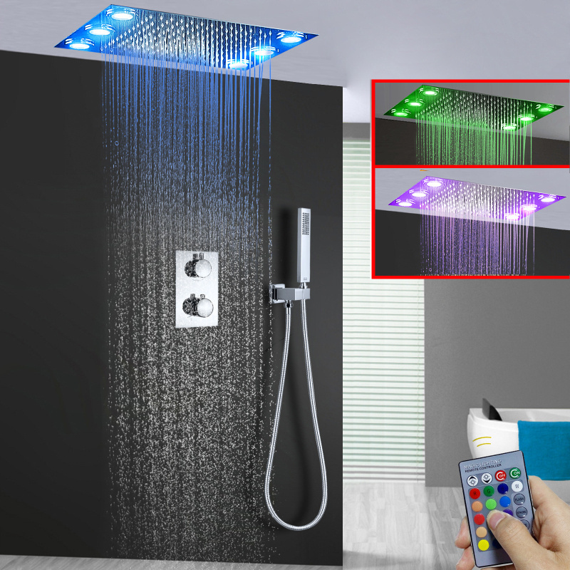 Ceiling 500*360mm LED Shower System Remote Control Multicolor Change LED Shower Head Thermostatic Diverter Valve