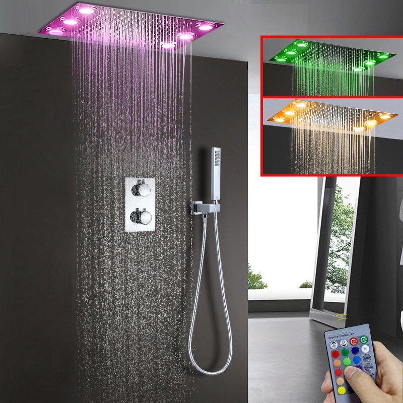 Ceiling 500*360mm LED Shower System Remote Control Multicolor Change LED Shower Head Thermostatic Diverter Valve