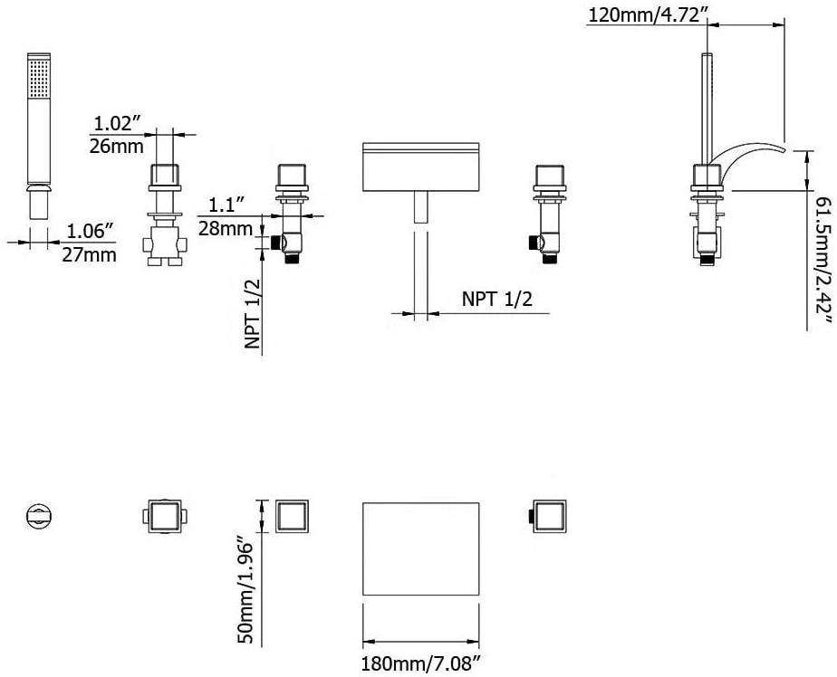 Deck Mount Brass Bathroom Sink Waterfall Faucets Shower Mixer Set Bathroom Tub Filler Faucet And Hand Shower