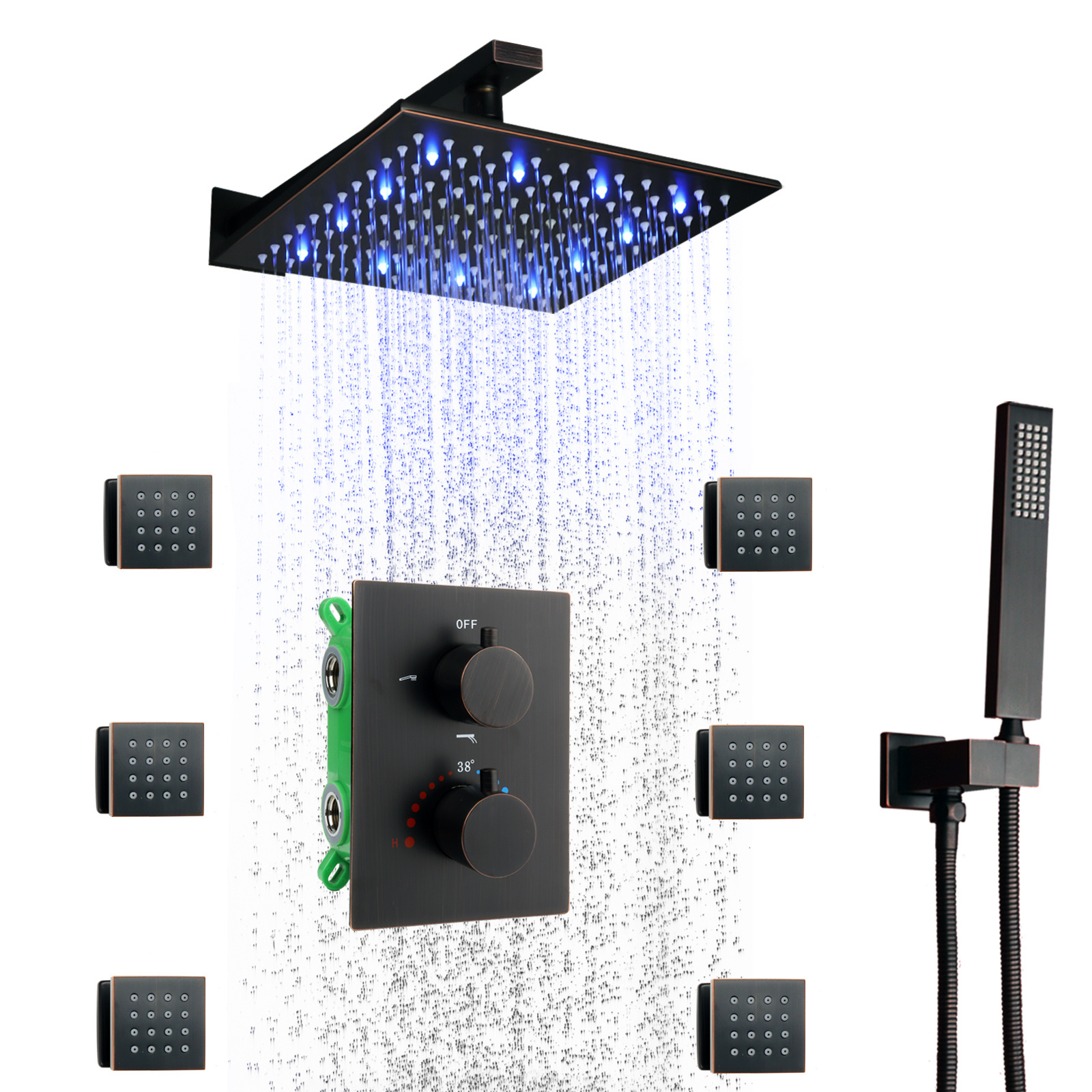 High Quality 10inch Rain Shower Set Bathroom Brass Square Shower System Thermostatic Faucet With Message Body Jets