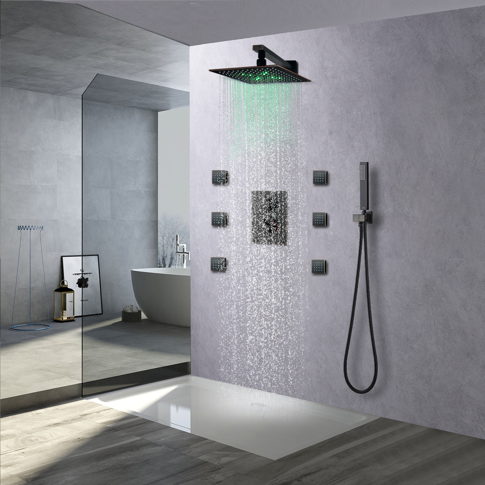 High Quality 10inch Rain Shower Set Bathroom Brass Square Shower System Thermostatic Faucet With Message Body Jets