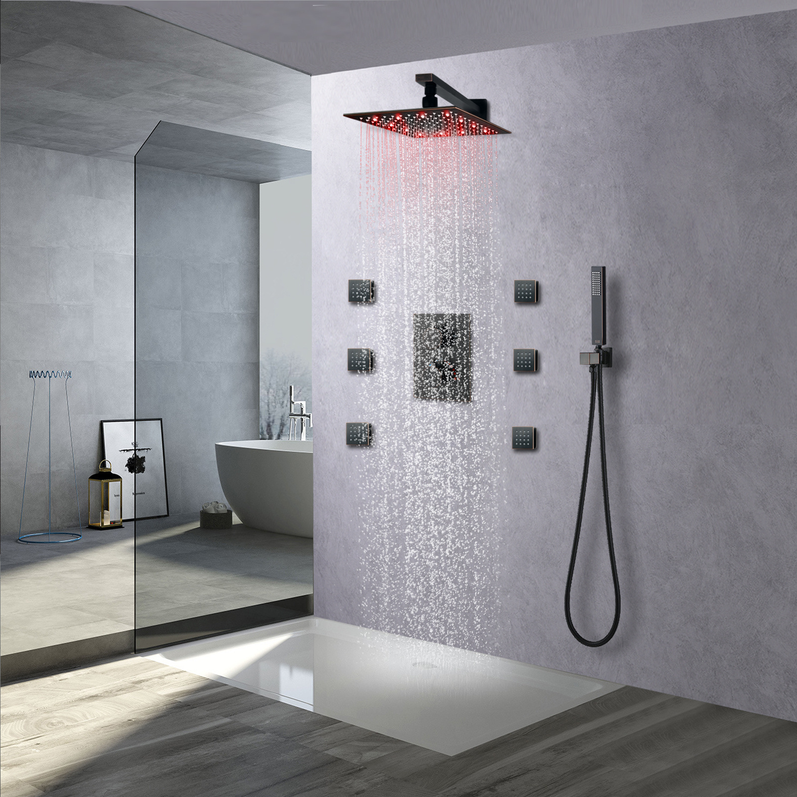 High Quality 10inch Rain Shower Set Bathroom Brass Square Shower System Thermostatic Faucet With Message Body Jets