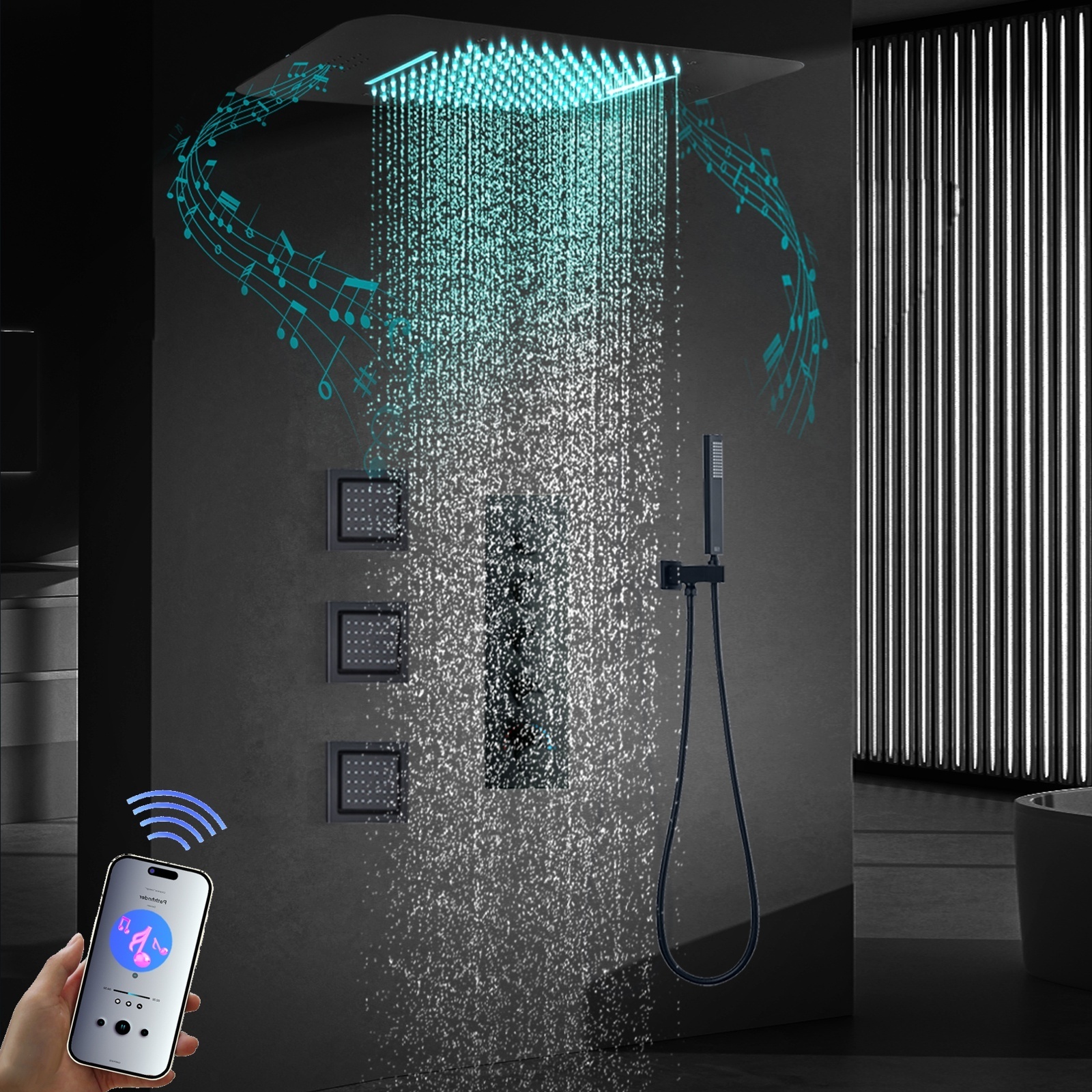 Black Music LED Shower System 23*15 Inch Rain Waterfall Shower Head Ceiling Embedded Bathroom Thermostatic Shower Faucet Set