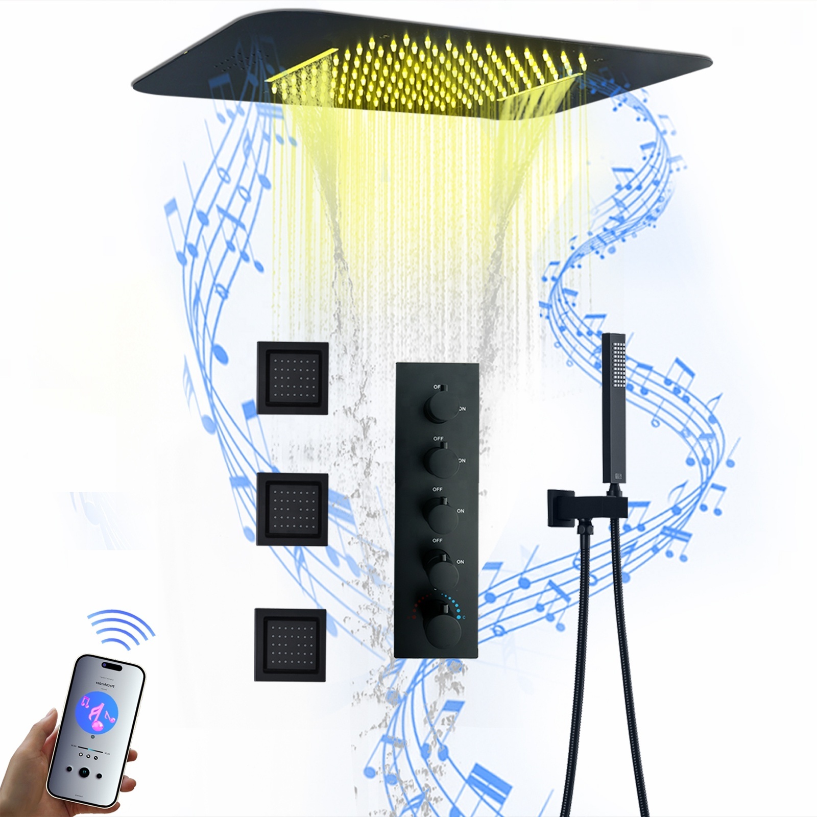 Black Music LED Shower System 23*15 Inch Rain Waterfall Shower Head Ceiling Embedded Bathroom Thermostatic Shower Faucet Set