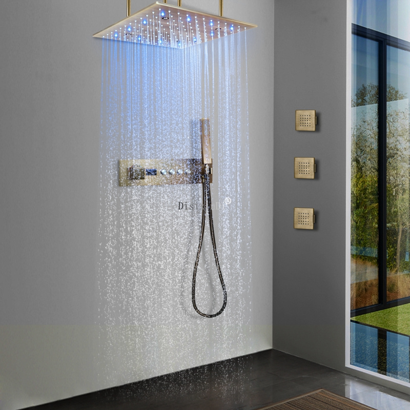 Luxury Bathroom 40*40CM Rain Mist Temperature Controlled Colorful Rain LED Shower Head With LED Digital Display