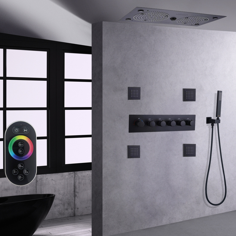 Matte Black Thermostatic Shower Mixer 620*320mm LED Bathroom With Music Features Shower System Set With Handheld