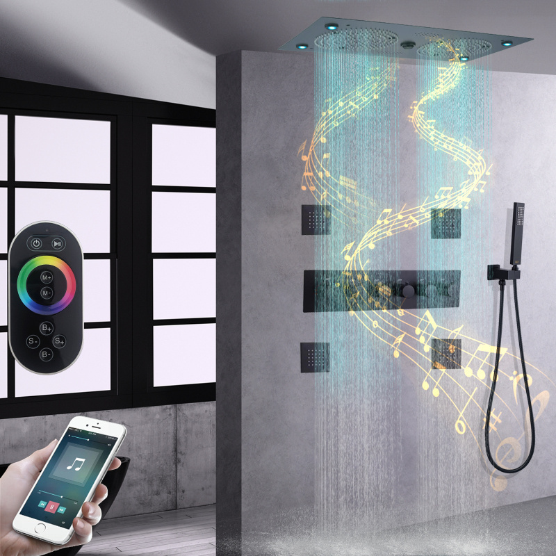 Matte Black Thermostatic Shower Mixer 620*320mm LED Bathroom With Music Features Shower System Set With Handheld