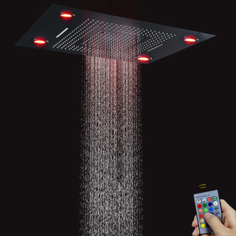 Matte Black 800*600 mm Oversized Led Shower Head Waterfall Rain Mist Ceiling Embedded Bathroom Shower Faucet