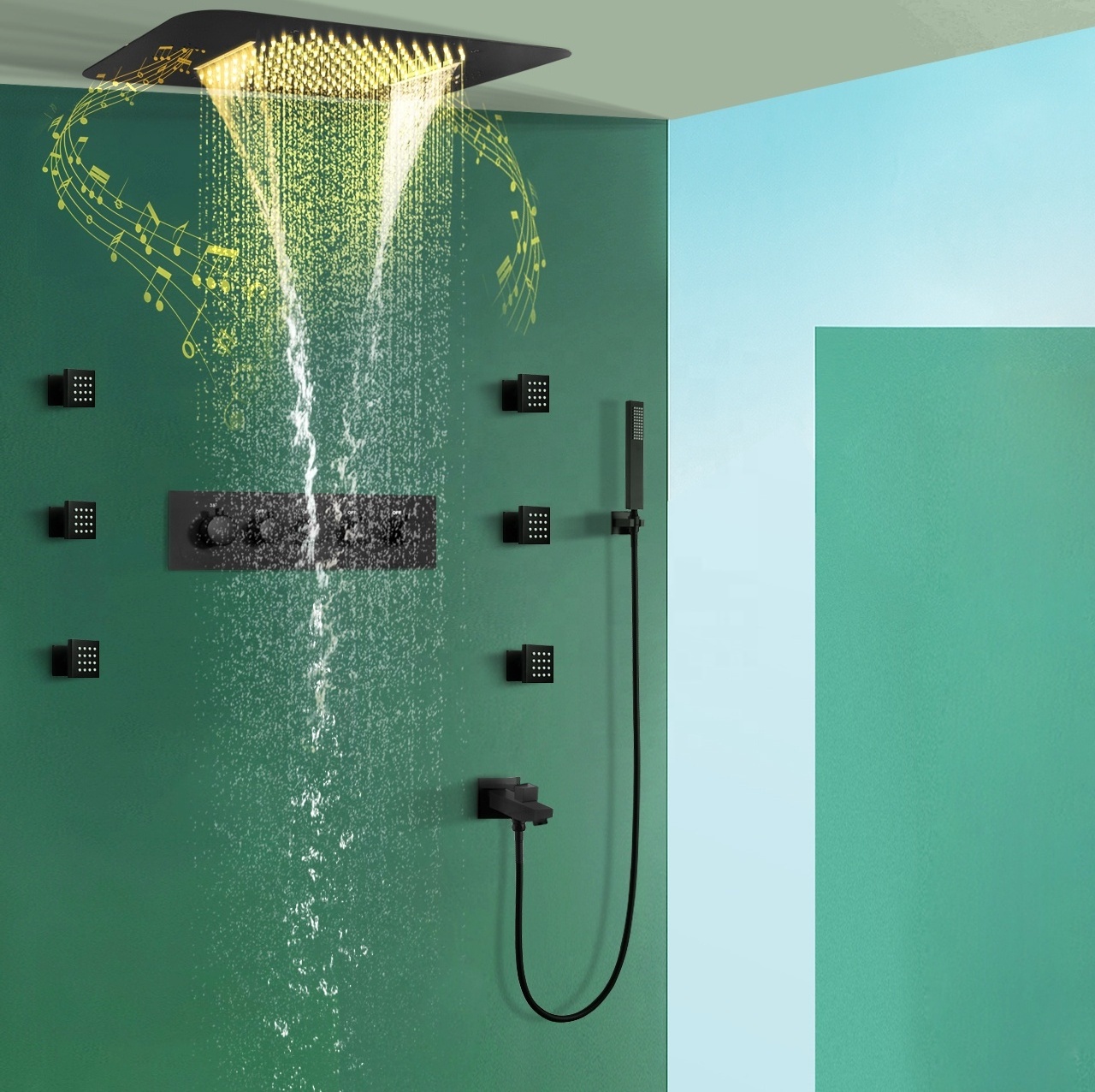 Ceiling Mounted 23*15 Inch Rain and Waterfall Shower Head With Music Speaker Bathroom Thermostatic LED Shower Faucet Set