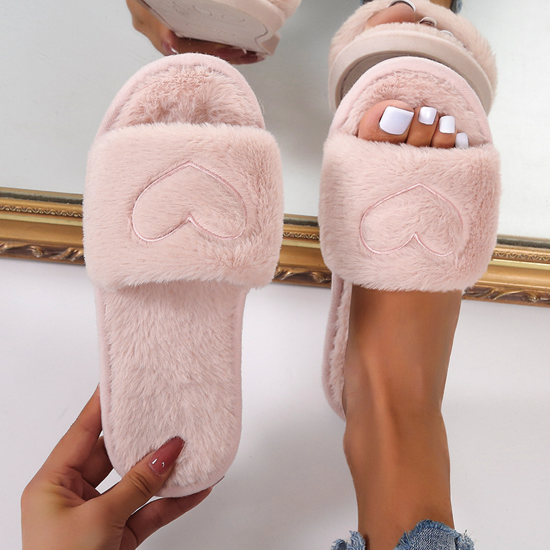 Valentines slippers Soft Fluffy Fur Heart slippers House Shoes Open Toe Indoor slides Faux Fur Warm Comfy Slip Women's Slippers