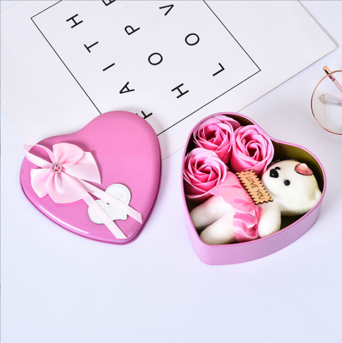 2023 Heart-Shaped Mothers Day Gift 3pcs Soap Rose Flowers Bear Gift Box For Valentines Day Gift