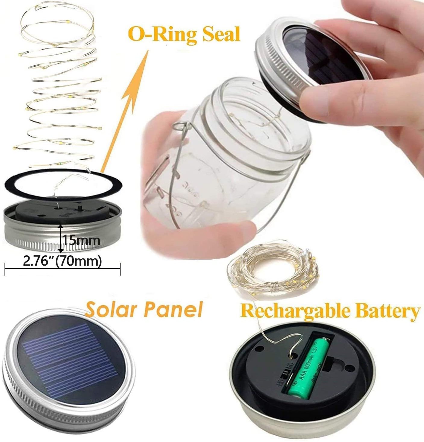 waterproof Led Solar Glass Bottle Lid Night Lamps Fairy Copper Wire String Lights Outdoor Hanging Mason Jar Light