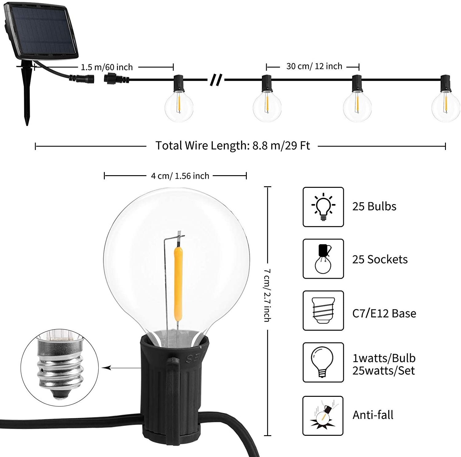 G40 Small Clear Glass bulbs  Warm Glow 1W 2200K Globe 25Ft LED Dimmable outdoor led christmas garland led lights