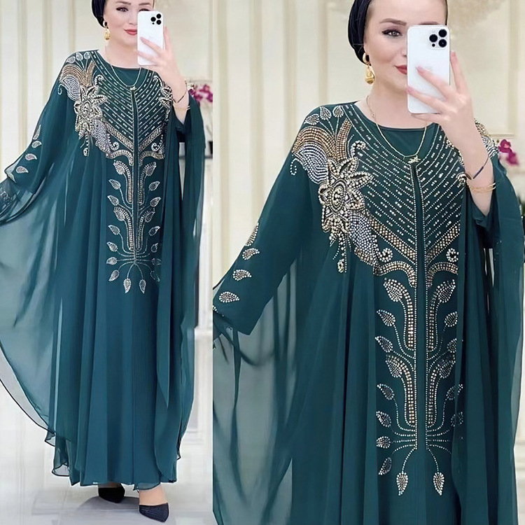 Wholesale Chiffon Abaya with Rhinestones Borkini Islamic Muslim Evening Dresses Luxury Chiffon Open Abaya