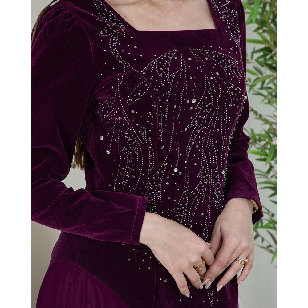 Eid Velvet Chiffon Splicing Hot Diamonds Party Dress Jalabia Women's Clothing Muslim Women Night Dress Deira Dubai Abaya