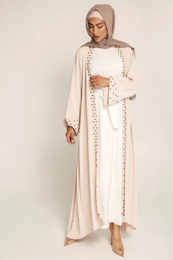 Saudi Arabia White Black Beads Dress Open Abayas for Women Muslim Eid Traditional Pakaian Muslim Modest Khimar Hijab Abaya