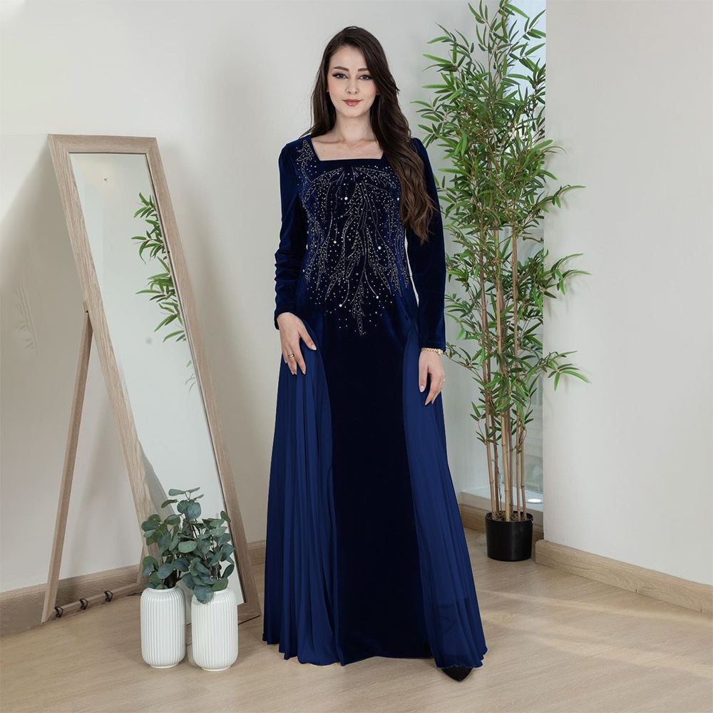 Eid Velvet Chiffon Splicing Hot Diamonds Party Dress Jalabia Women's Clothing Muslim Women Night Dress Deira Dubai Abaya