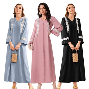 Eid Middle East Women's Islamic Featured Lace Simple Comfortable Robe Muslim Women Dress Abaya Designs Qatar