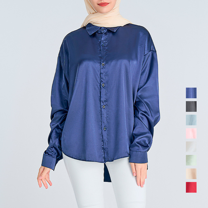 Satin Simulated Silk Top Long Sleeve Satin Blouse Pleated Muslim Women Shirt Tunics for Women Muslim Modest Blouses & Shirts