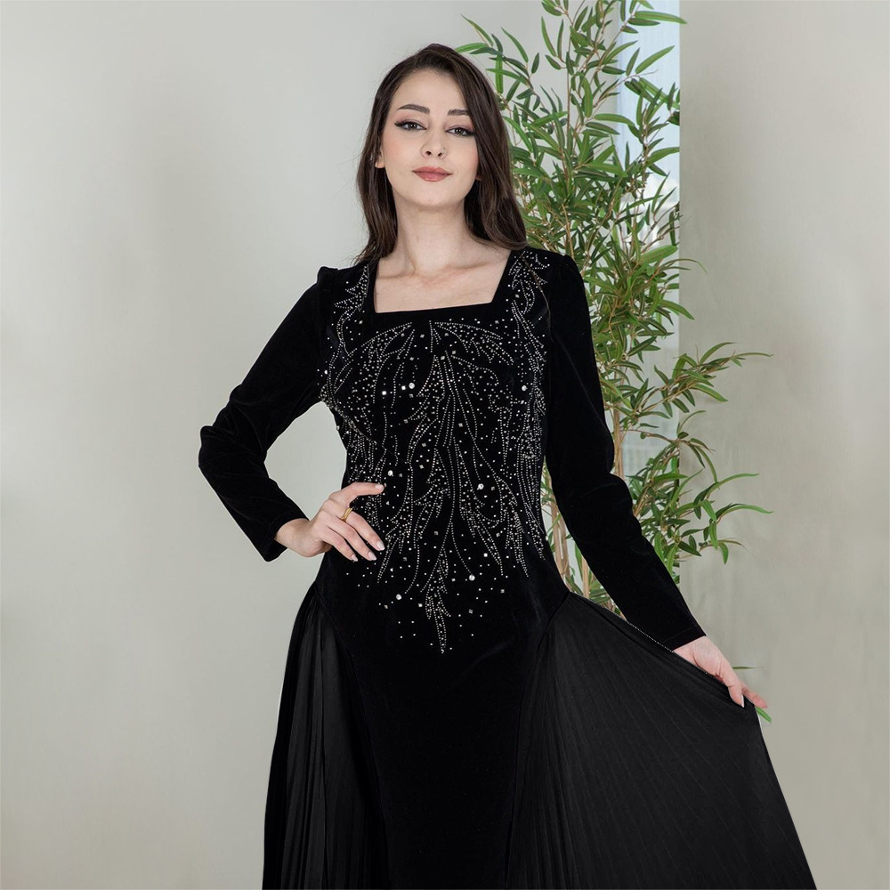 Eid Velvet Chiffon Splicing Hot Diamonds Party Dress Jalabia Women's Clothing Muslim Women Night Dress Deira Dubai Abaya