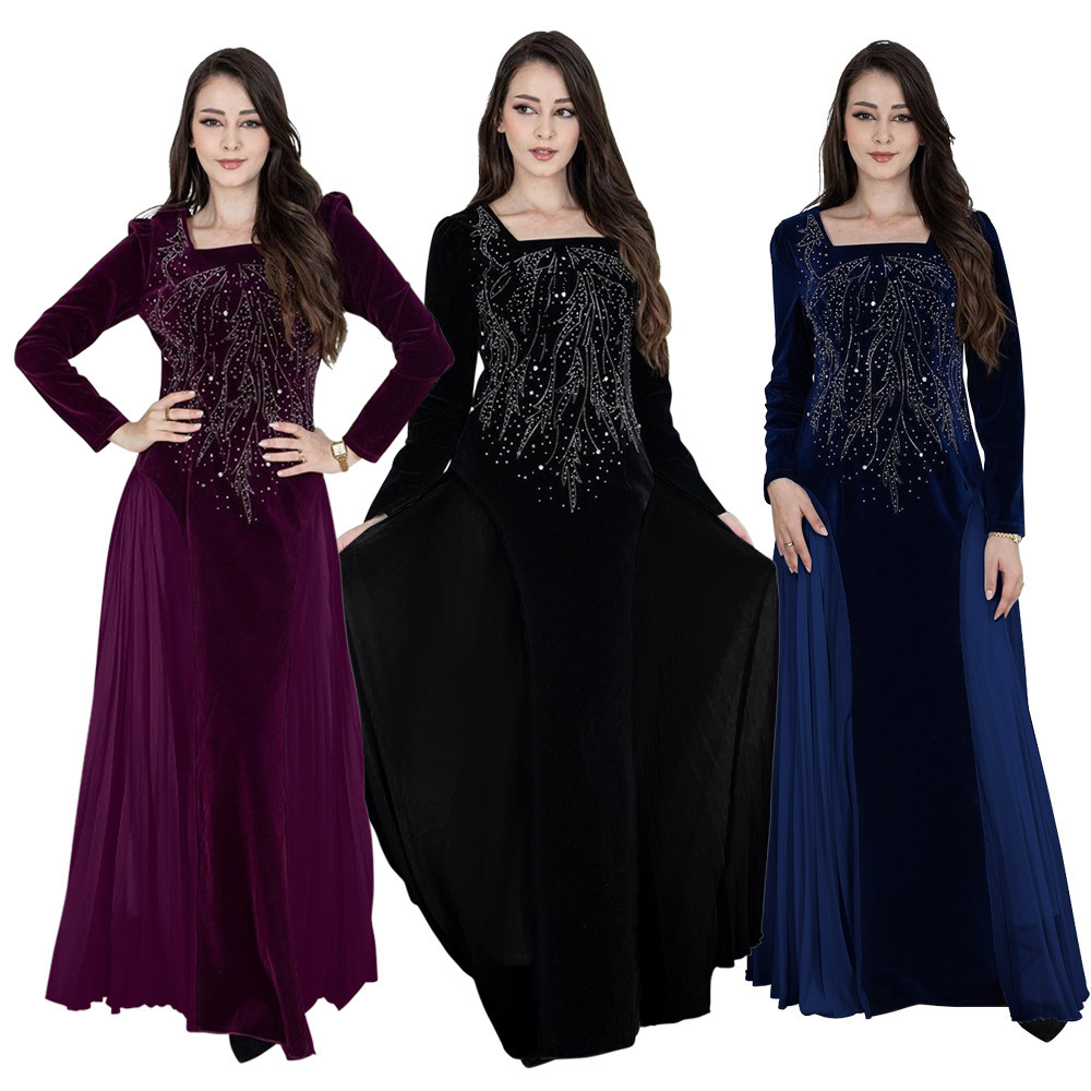 Eid Velvet Chiffon Splicing Hot Diamonds Party Dress Jalabia Women's Clothing Muslim Women Night Dress Deira Dubai Abaya