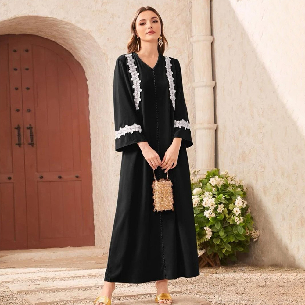 Eid Middle East Women's Islamic Featured Lace Simple Comfortable Robe Muslim Women Dress Abaya Designs Qatar