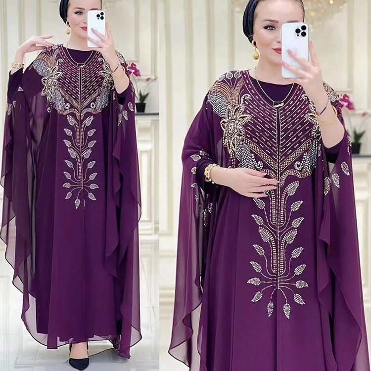 Wholesale Chiffon Abaya with Rhinestones Borkini Islamic Muslim Evening Dresses Luxury Chiffon Open Abaya