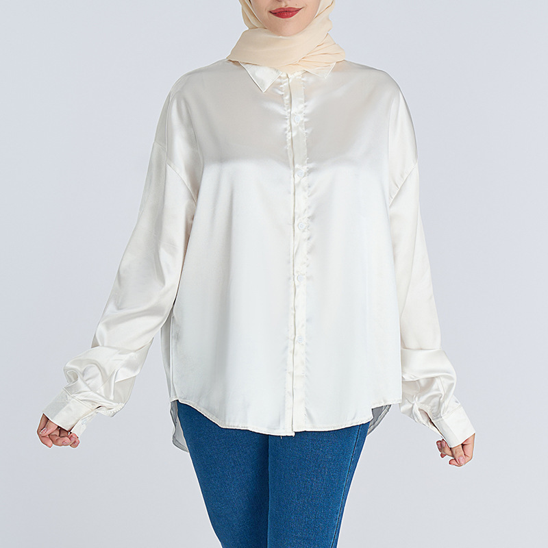 Satin Simulated Silk Top Long Sleeve Satin Blouse Pleated Muslim Women Shirt Tunics for Women Muslim Modest Blouses & Shirts