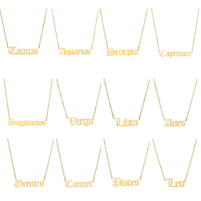 18K Gold Plated Stainless Steel Waterproof Horoscope Pendant Old English Letter Nameplate Jewelry 12 Zodiac Sign Necklace