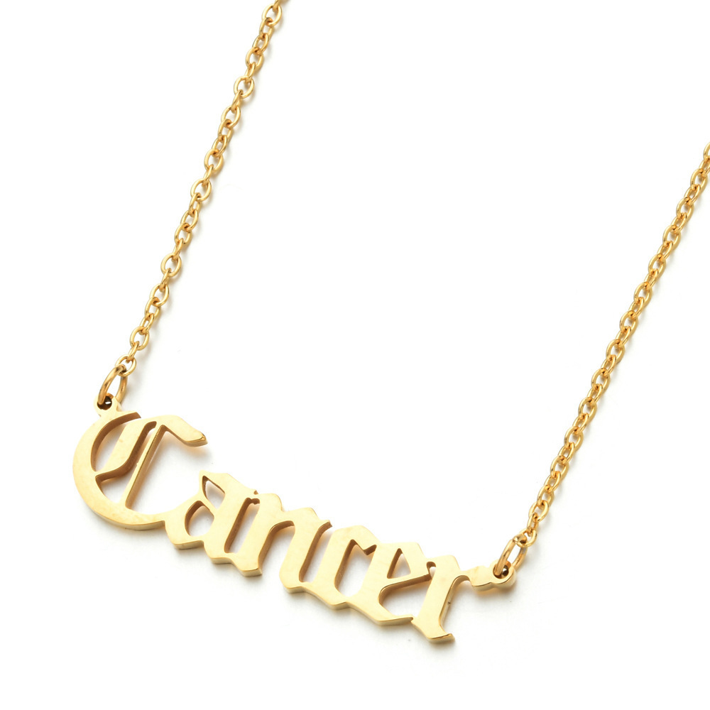 18K Gold Plated Stainless Steel Waterproof Horoscope Pendant Old English Letter Nameplate Jewelry 12 Zodiac Sign Necklace