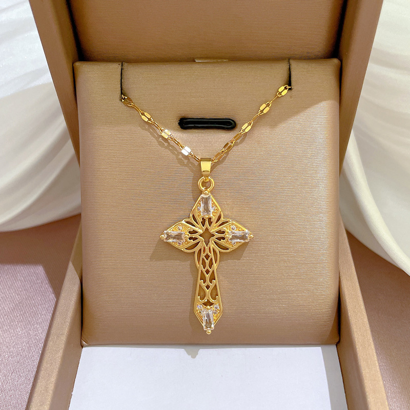 Trendy 316L Stainless Steel Cross Necklace 18K Gold Plated Crystal Zircon Hollow Cross Pendant Necklace for Ladies