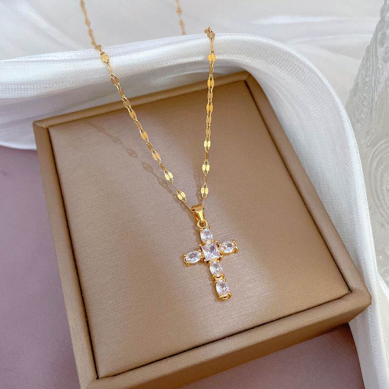 High quality gold plated stainless steel cross necklace jewelry luxury bling pink diamond cross necklace for women