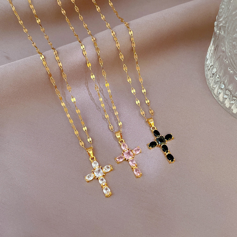 High quality gold plated stainless steel cross necklace jewelry luxury bling pink diamond cross necklace for women