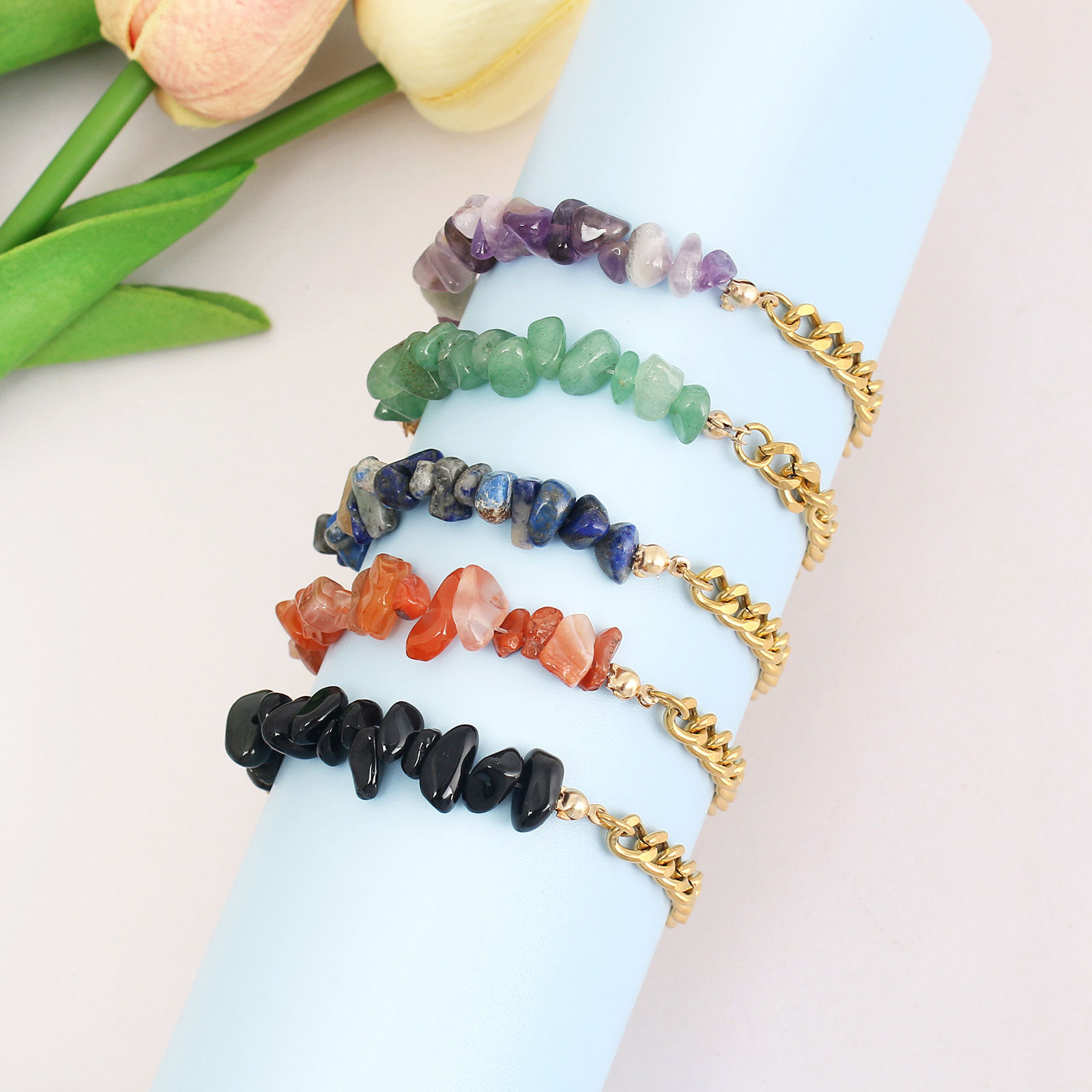 Trendy Jewelry Cuban Chain Golden Stainless Steel Healing Natural Gravel Chip Bead Stone Bracelets for Teen Girls Women