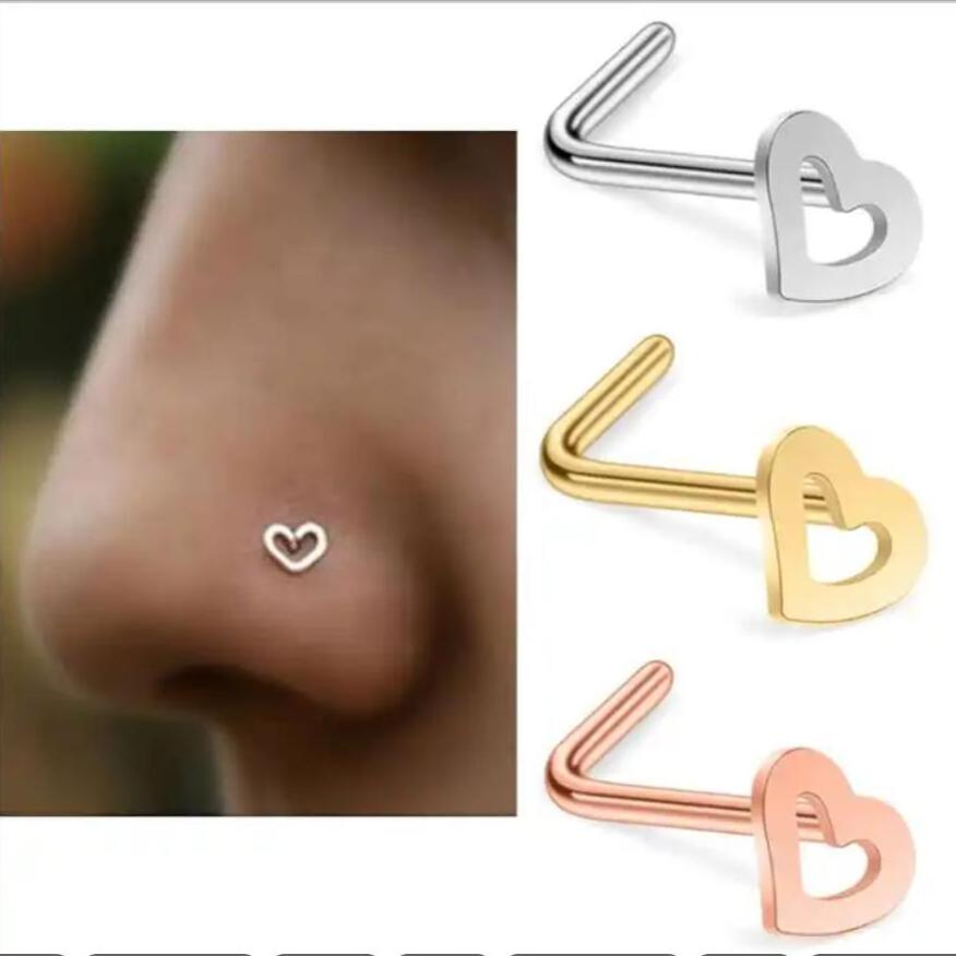 Fashion Free Sample Simple Body Jewelry Wholesale Hollow Heart L Shape Nostril Nose Piercing Ring