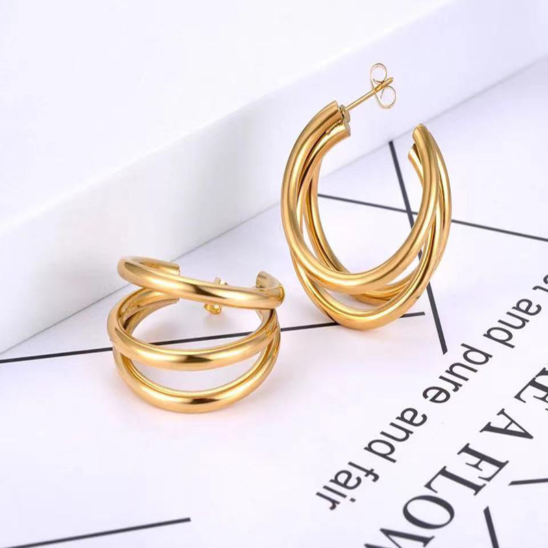 Waterproof Jewelry PVD 18K Gold Plated Stainless Steel Three Line Tube Triple Hoop Earrings For Women Tarnish Free