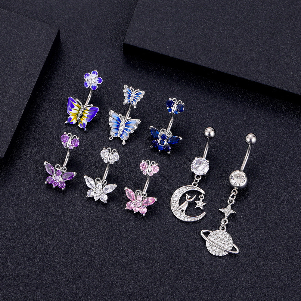 Fashion Crystal Enamel Purple Butterfly Belly Button Ring For Women Gift 316L Stainless Steel Butterfly Navel Piercing