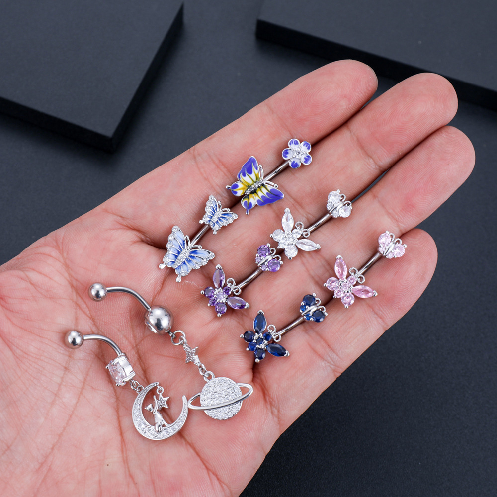 Fashion Crystal Enamel Purple Butterfly Belly Button Ring For Women Gift 316L Stainless Steel Butterfly Navel Piercing