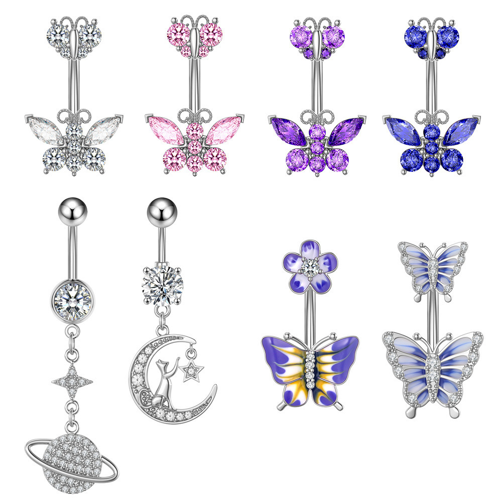 Fashion Crystal Enamel Purple Butterfly Belly Button Ring For Women Gift 316L Stainless Steel Butterfly Navel Piercing