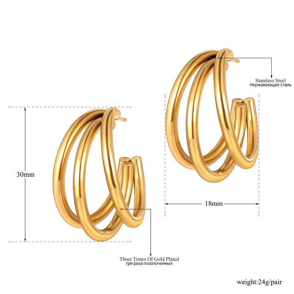 Waterproof Jewelry PVD 18K Gold Plated Stainless Steel Three Line Tube Triple Hoop Earrings For Women Tarnish Free