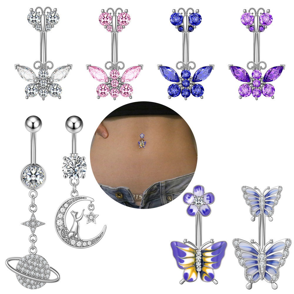 Fashion Crystal Enamel Purple Butterfly Belly Button Ring For Women Gift 316L Stainless Steel Butterfly Navel Piercing