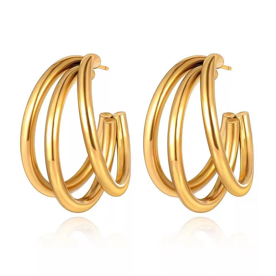 Waterproof Jewelry PVD 18K Gold Plated Stainless Steel Three Line Tube Triple Hoop Earrings For Women Tarnish Free