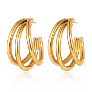 Waterproof Jewelry PVD 18K Gold Plated Stainless Steel Three Line Tube Triple Hoop Earrings For Women Tarnish Free