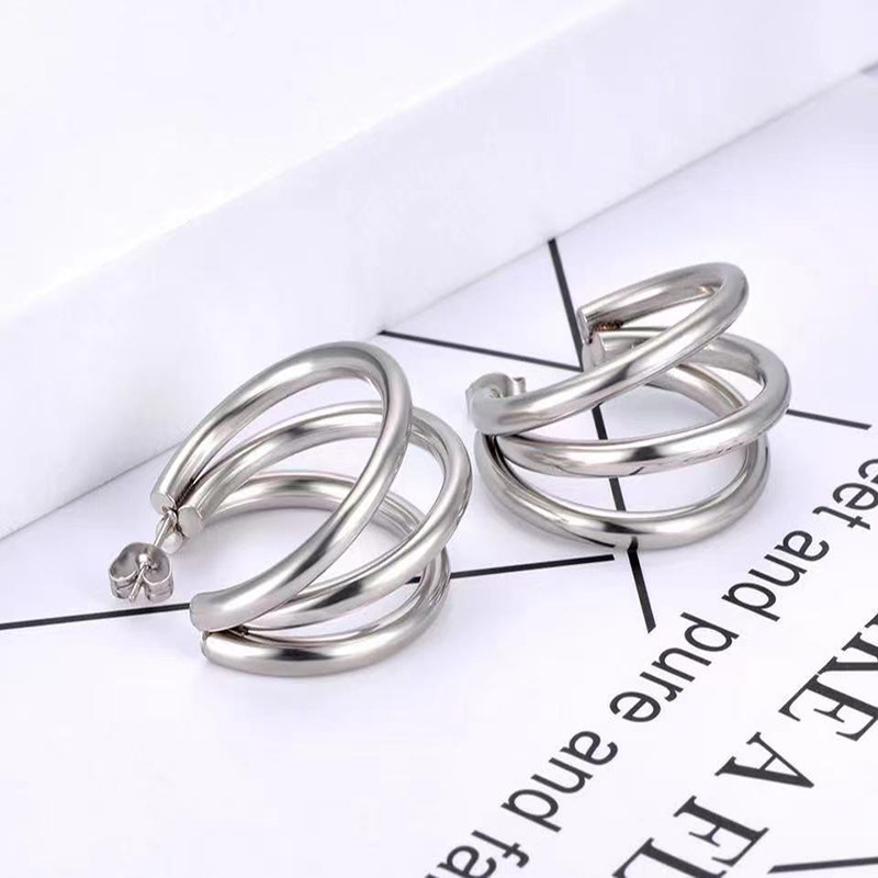 Waterproof Jewelry PVD 18K Gold Plated Stainless Steel Three Line Tube Triple Hoop Earrings For Women Tarnish Free