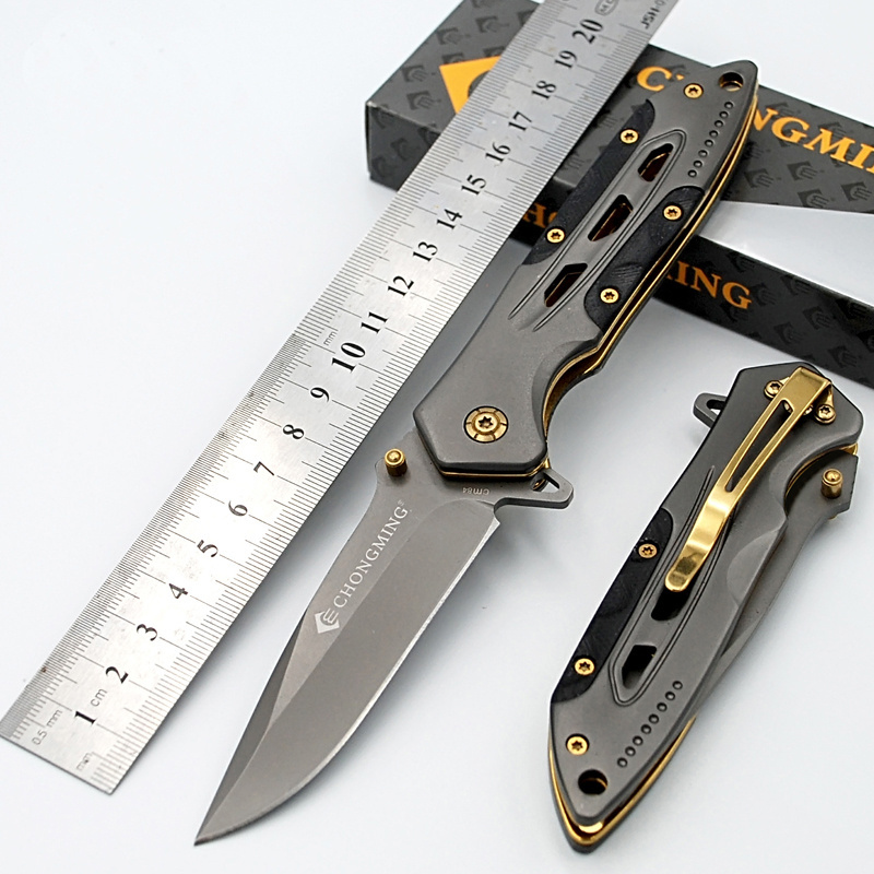 High Quality Stainless Steel Folding Camping Survival Knife With Gold-Plated Screw Handle