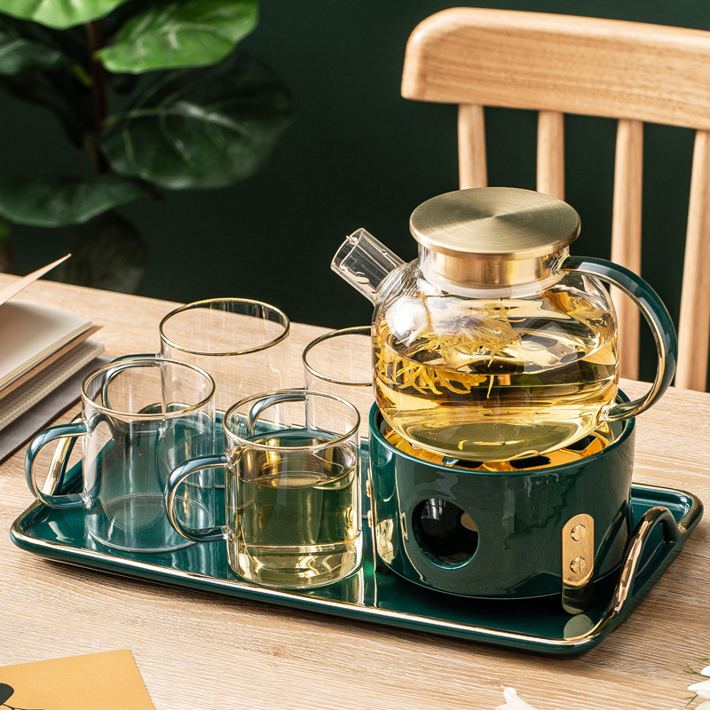 Mikenda gold glass cold water kettle, cup cover, high borosilicate flower teapot, household tea tray