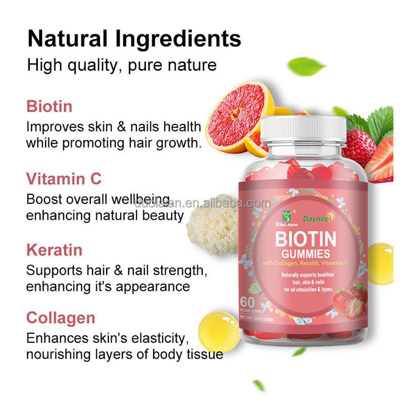 Private brand Biotin Collagen Keratin Vegan Gummy Candy Vitamin Supplements Bear Biotin Gummies For Strong Hair Nail Growth Skin