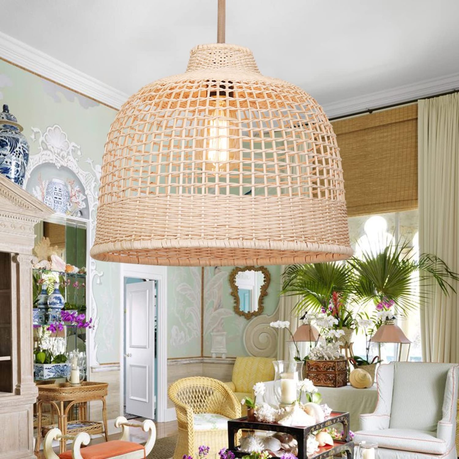 Boho Style Rattan Bamboo Pendant Lamp with hand-woven wicker  basket cover In  Pendant Light Fixtures