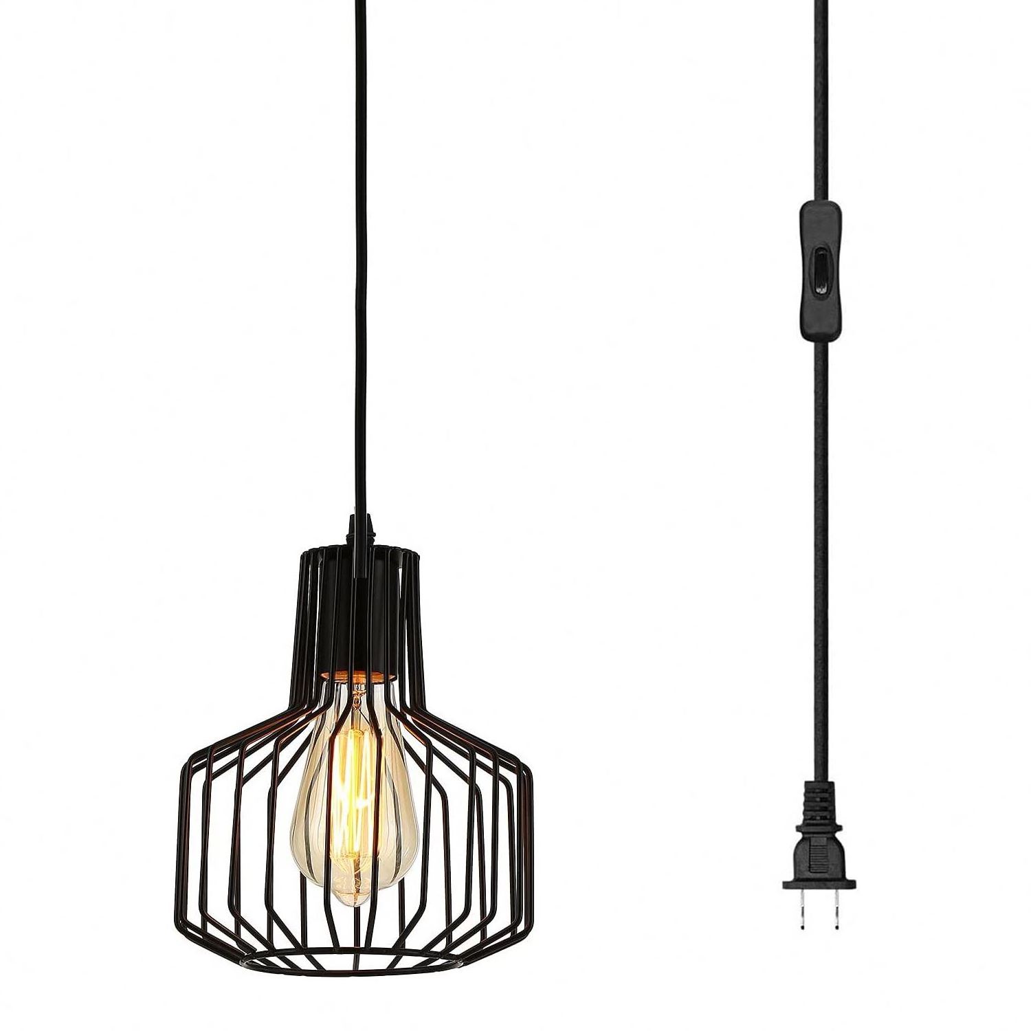 Pendant W/On/Off, Industrial Black Wire Cage Metal Plug-In Hanging Light Fixtures